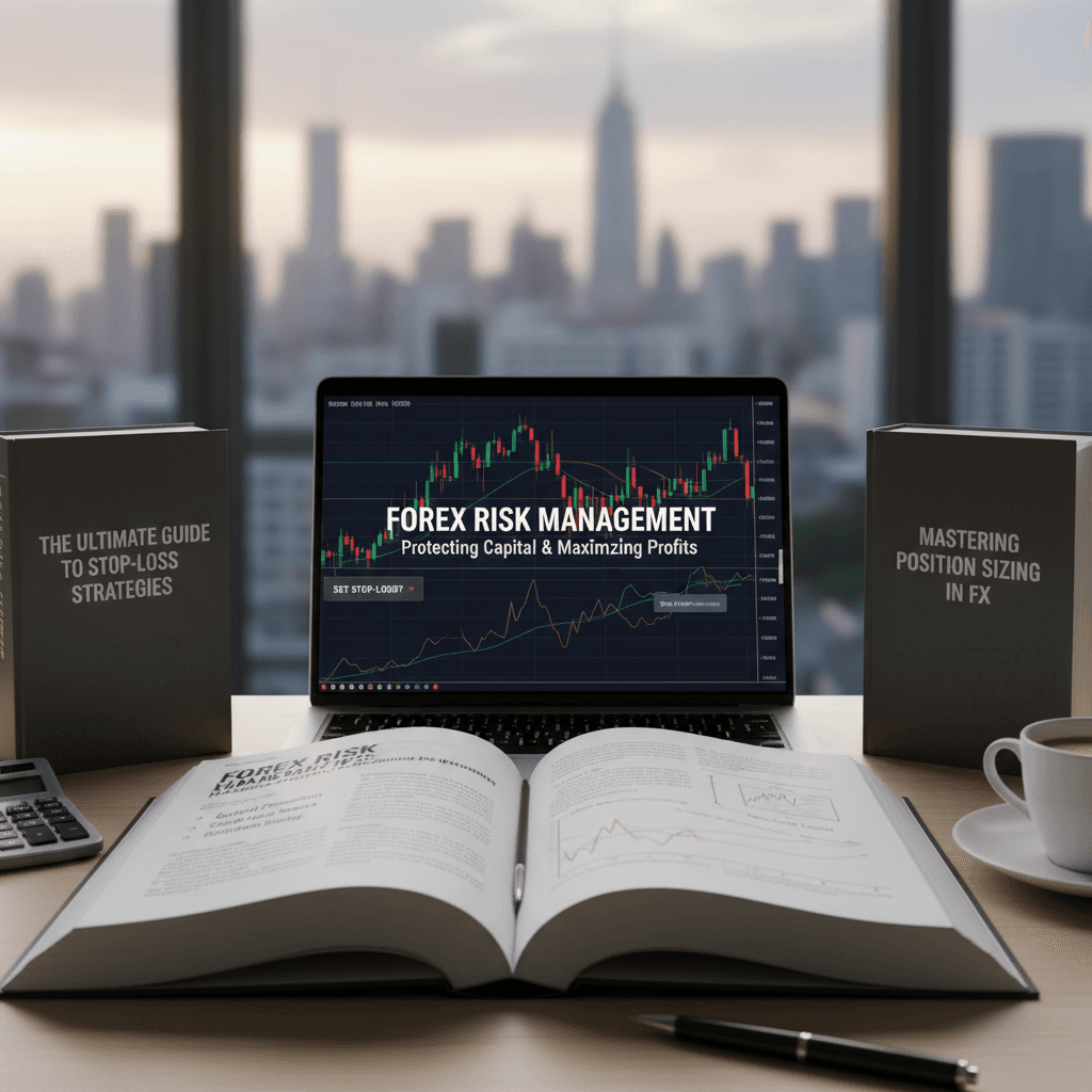 Open laptop showing forex trading educational materials with charts and graphs on desk