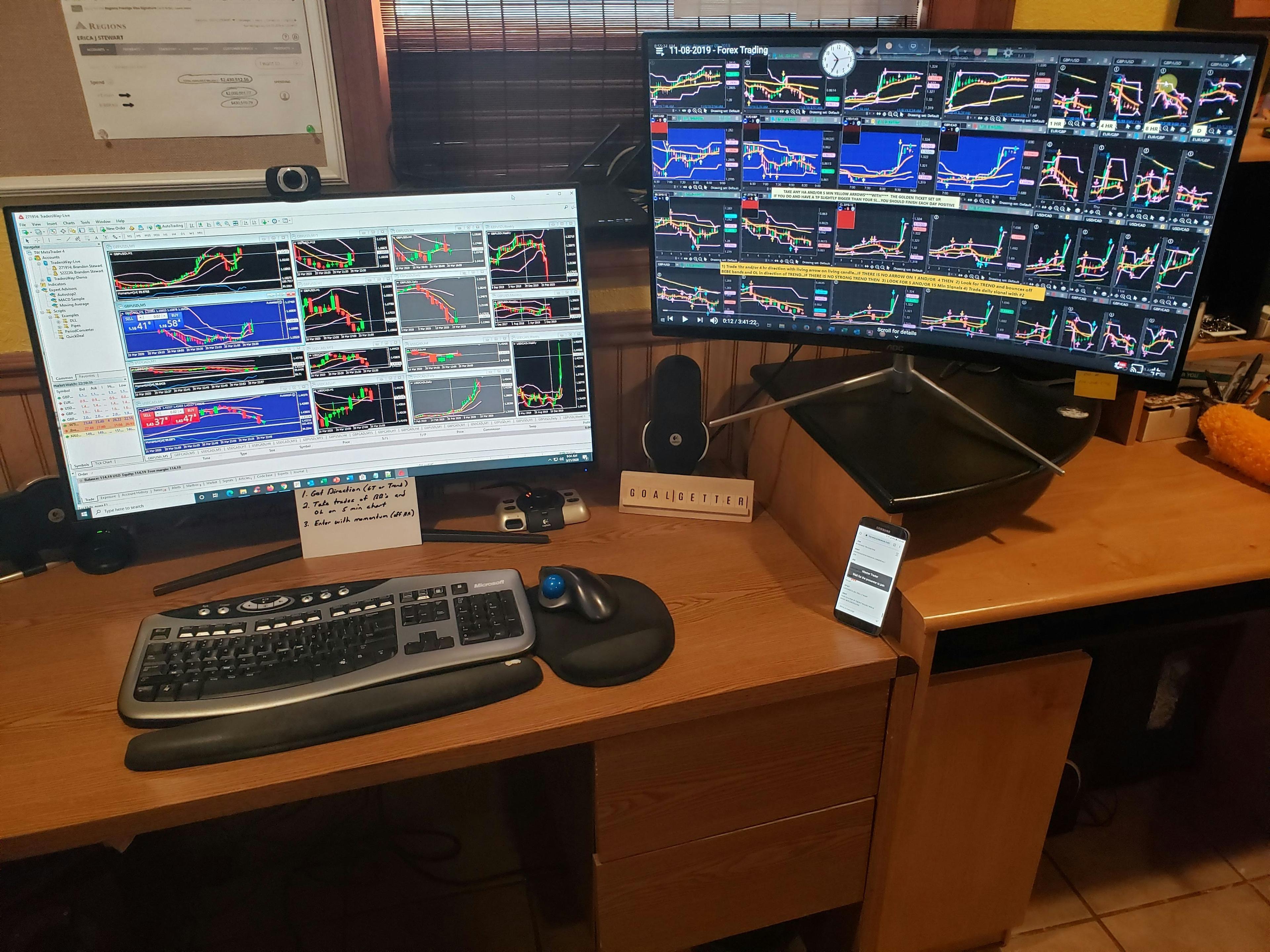 Multiple computer monitors displaying professional forex trading platforms with live market data