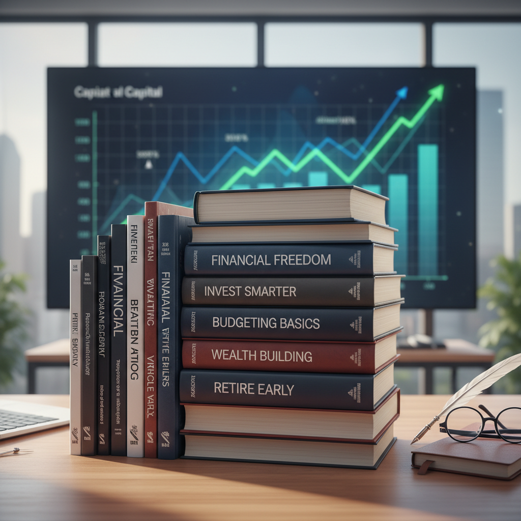 Collection of trading books and educational resources on a desk with charts in the background