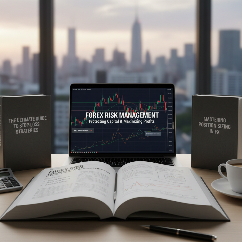 Open laptop showing forex trading educational materials with charts and graphs on desk